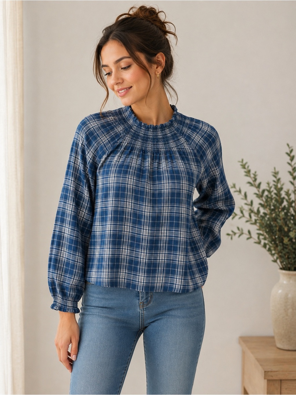 J. Crew 100% cotton long sleeves Blue Plaid Smocked-Neck Blouse S